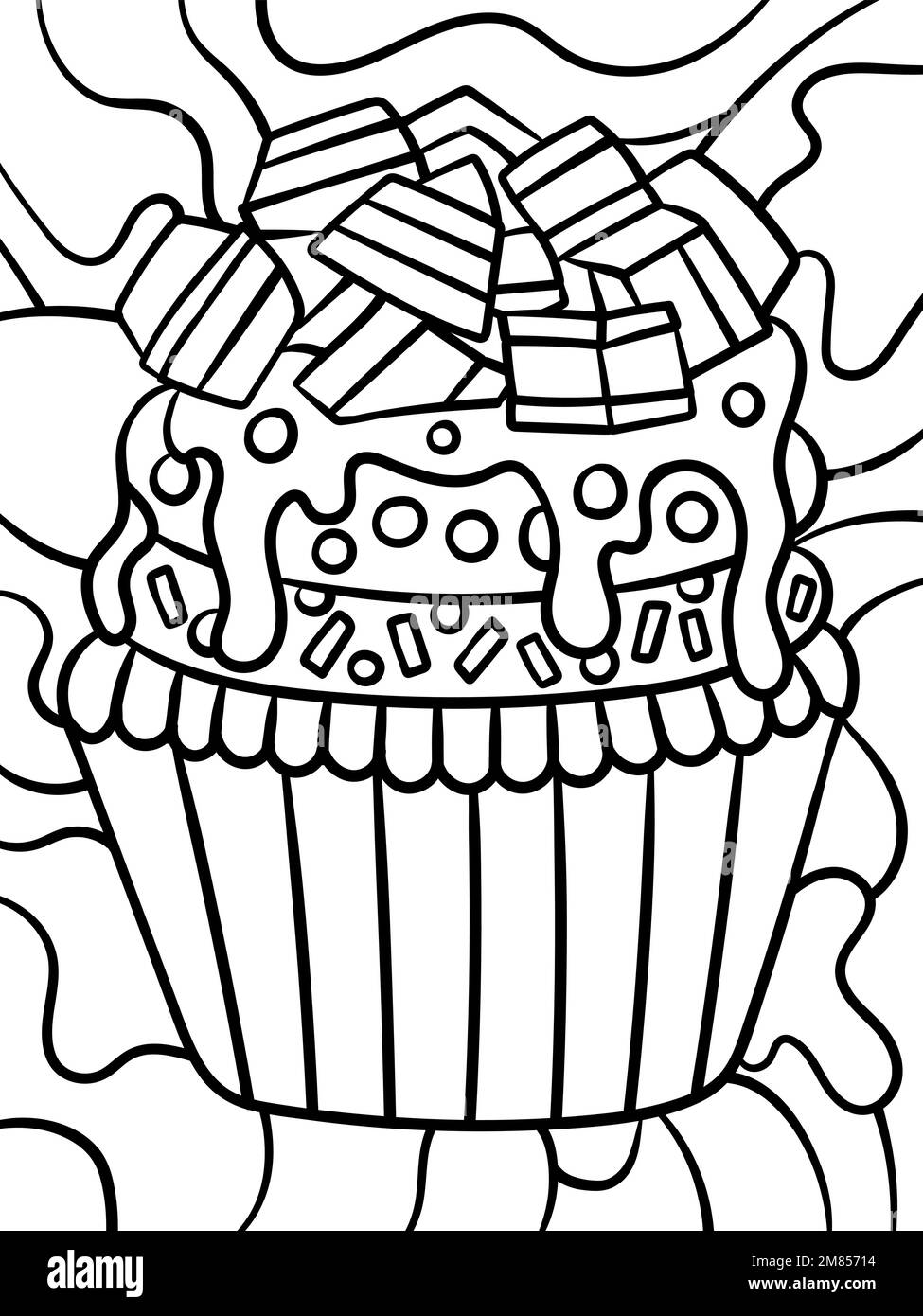 Page de coloriage des aliments de muffin sucré avec garnitures Illustration de Vecteur