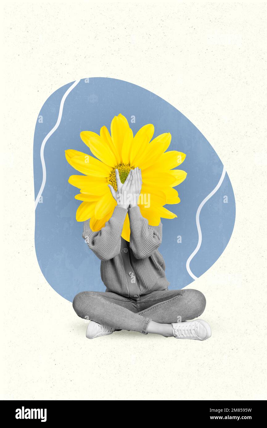 3d rétro résumé créatif collage maquette modèle de la timide dame jaune fleur au lieu de la tête isolé toile de fond Banque D'Images 3d rétro résumé créatif collage maquette modèle de la timide dame jaune fleur au lieu de la tête isolé toile de fond Banque D'Images