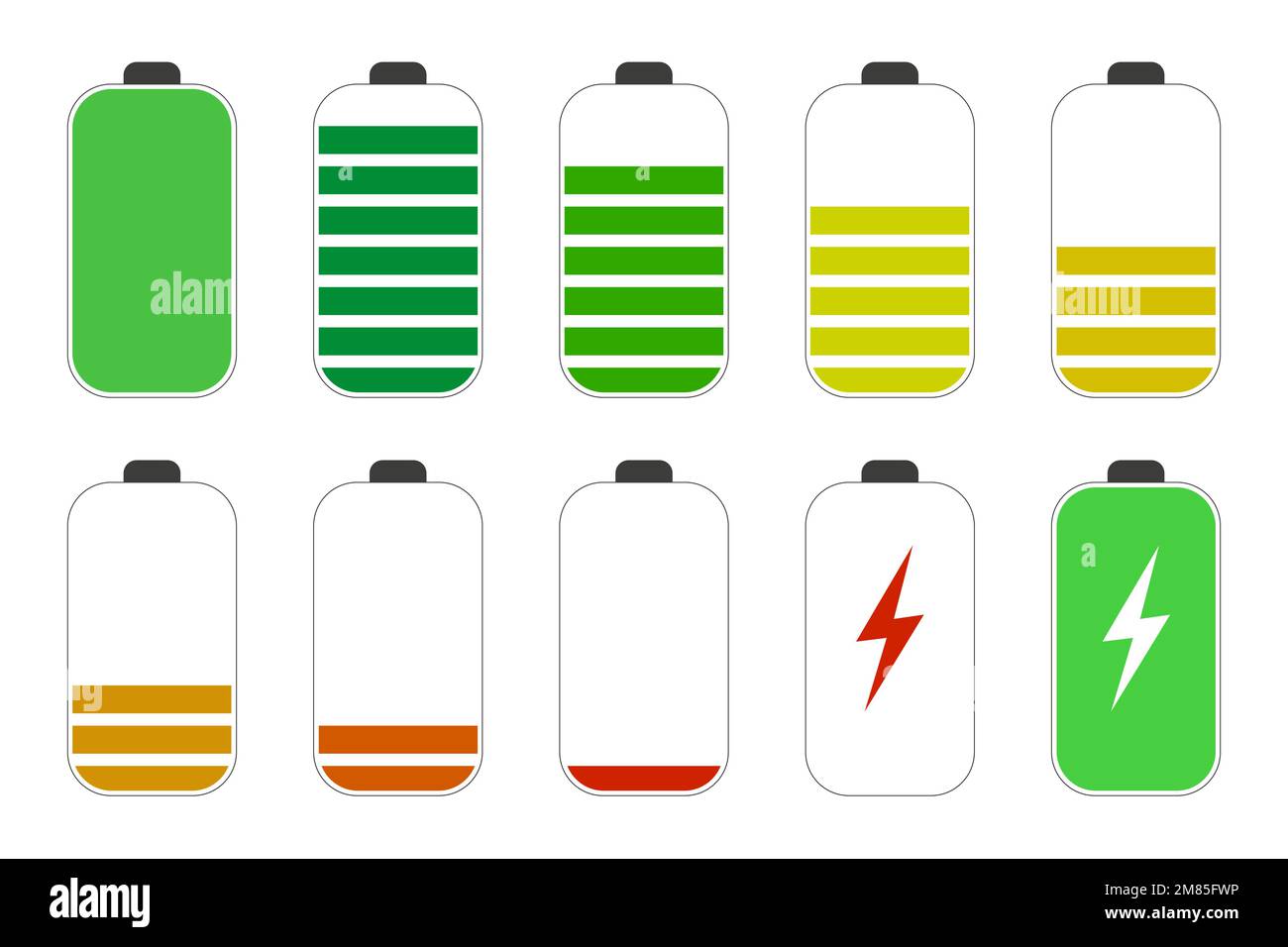 Icônes de l'indicateur de charge de la batterie. Niveau de charge du  téléphone, collecte des couleurs de la puissance de charge. Batterie  déchargée et complètement chargée. Charge de batterie élevée Image  Vectorielle