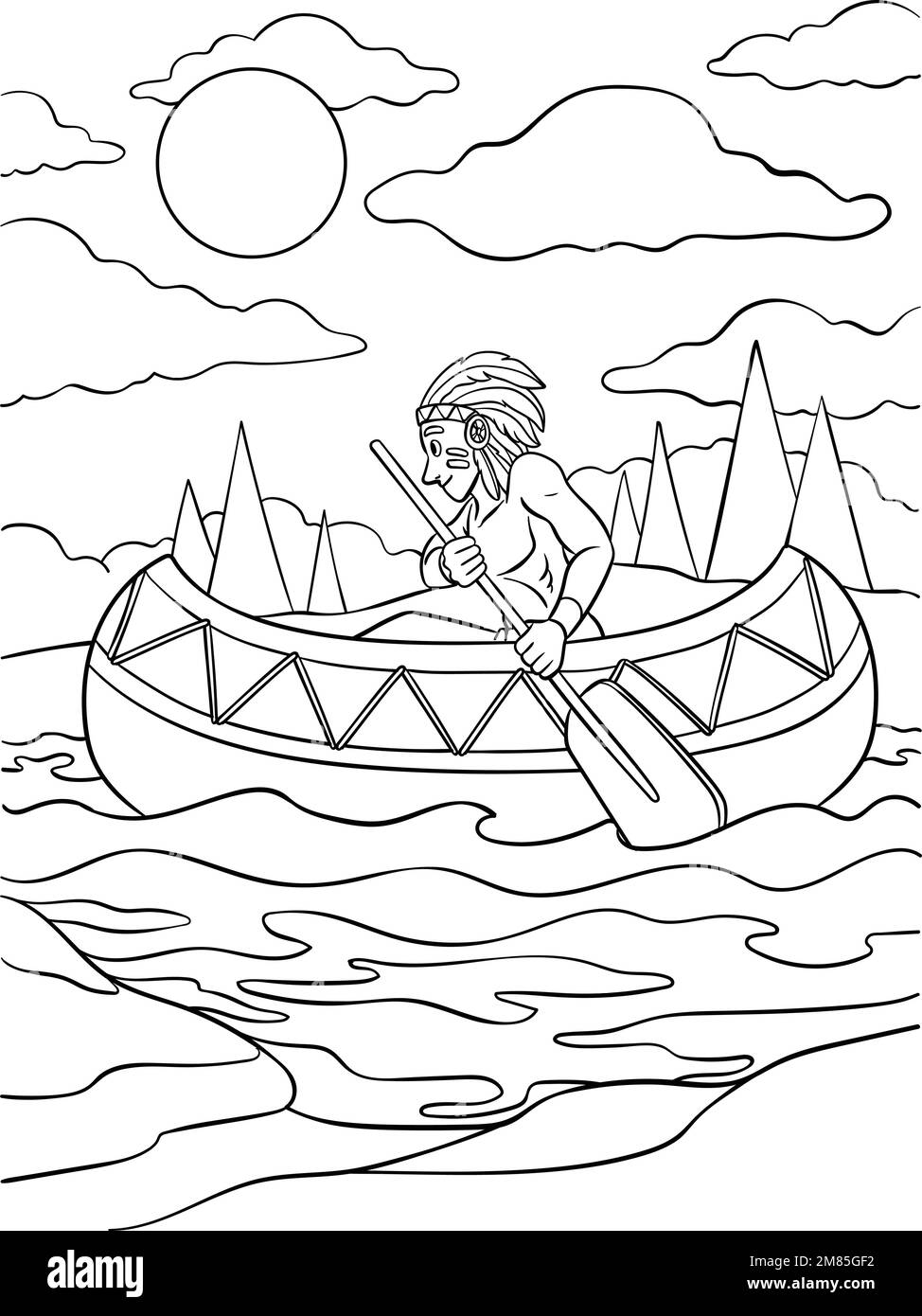 Page de coloriage de canoë amérindien Illustration de Vecteur