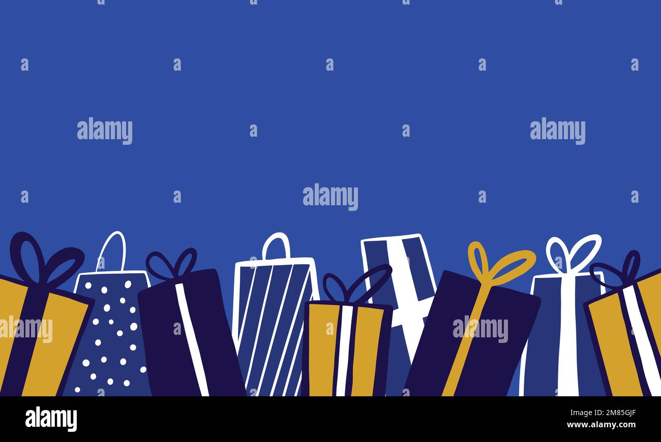 Bannière Web avec de mignons boîtes-cadeaux dessinées à la main et un emplacement vide pour le texte. Illustration vectorielle. Illustration de Vecteur