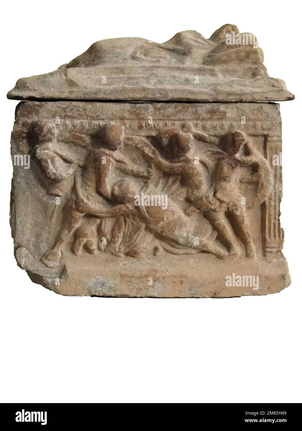 Les détails d'un sarcophage romain antique avec sculpture et décoration trouvés à Avignon, France Banque D'Images