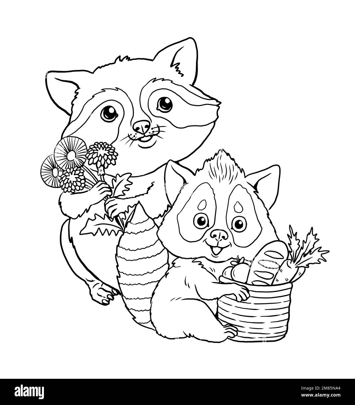 Une jolie famille de ratons laveurs. Modèle pour un livre de coloriage avec des animaux amusants. Modèle de coloriage pour enfants. Banque D'Images