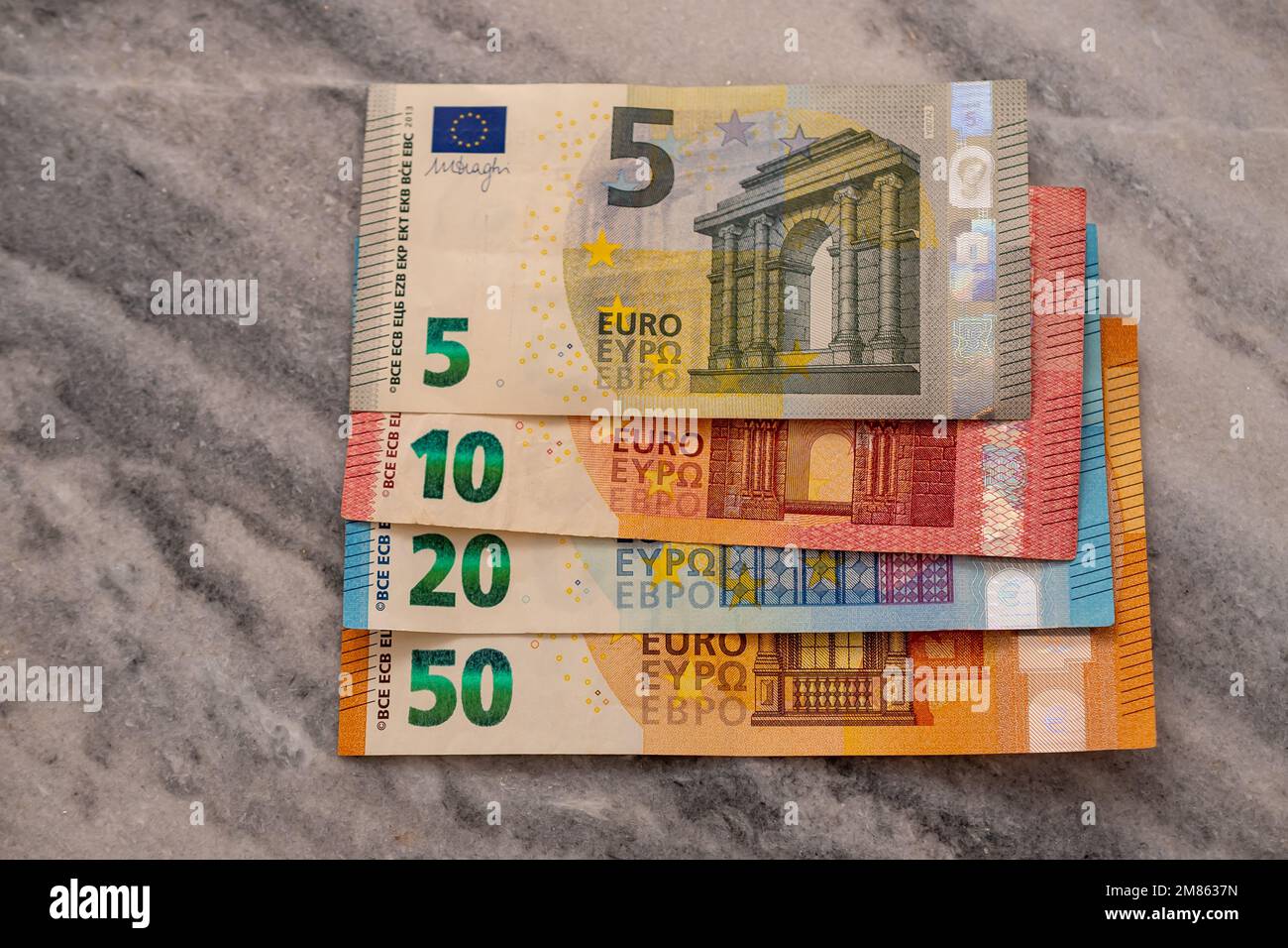 Gros plan partie des billets de 5, 10, 20 et 50 euros. Banque D'Images