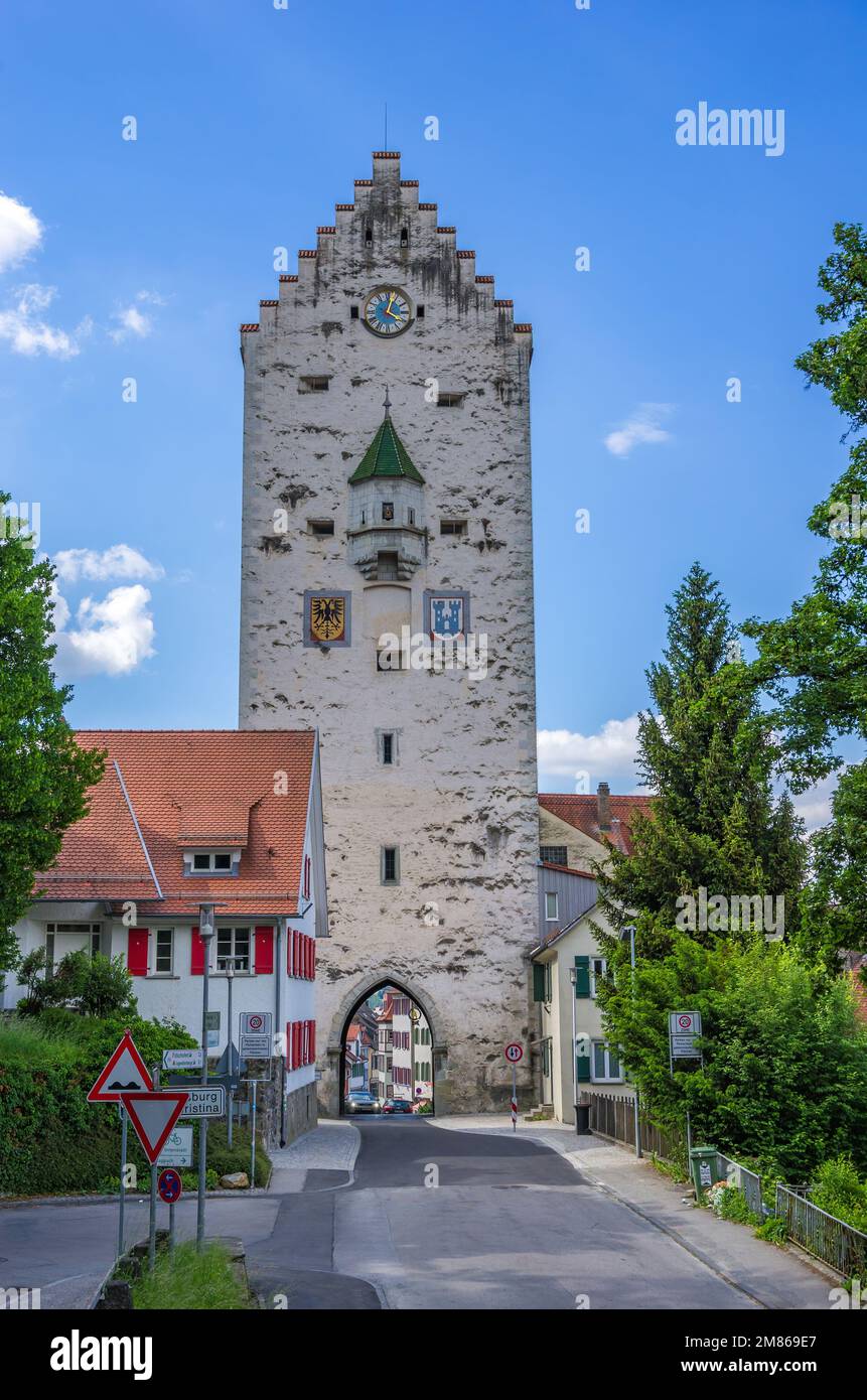 Ravensburg, Bade-Wurtemberg, haute Souabe, Allemagne - vue de la porte supérieure médiévale (Obertor) faisant partie de la fortification de la ville historique. Banque D'Images