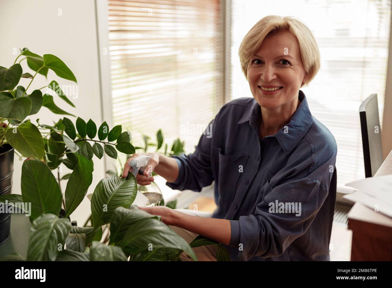 Bonne femme mûre prenant soin et arroser les plantes de maison à la maison. Concept de soins pour les travaux ménagers et les plantes Banque D'Images