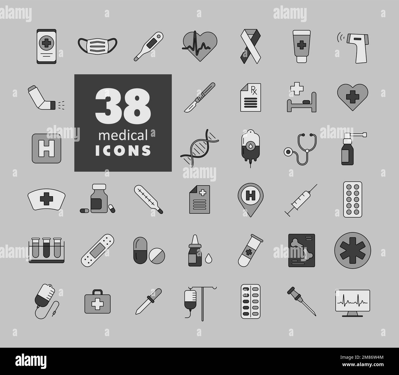 Jeu d'icônes de niveaux de gris vecteur médical. Médecine et soins de santé, signe de soutien médical. Symbole graphique pour la conception de sites Web médicaux et d'applications, le logo, l'application, l'interface utilisateur Illustration de Vecteur