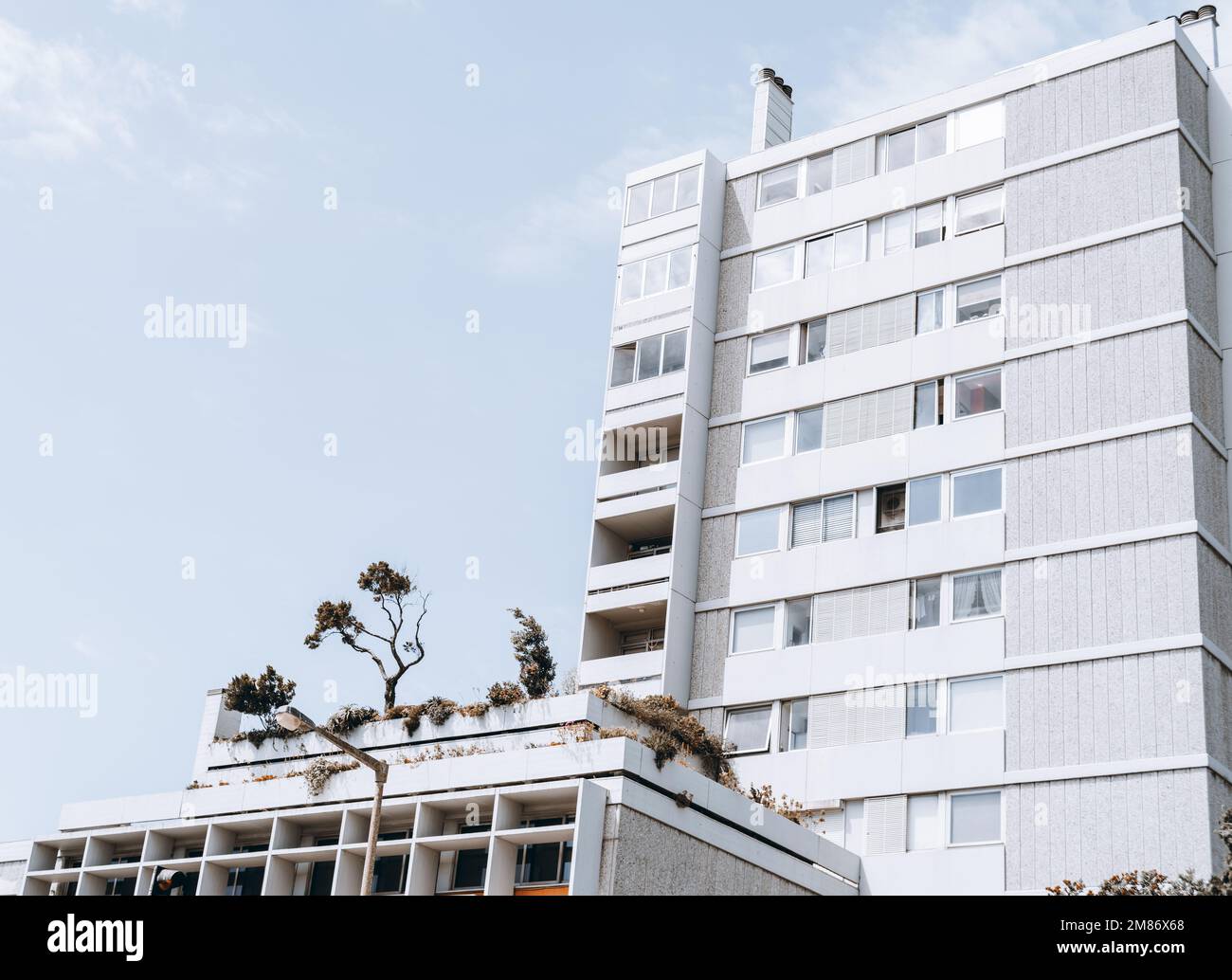 Capture de deux façades blanches résidentielles dans le quartier chic de Porto ; appartements avec balcon et fenêtres par temps ensoleillé au Portugal Banque D'Images