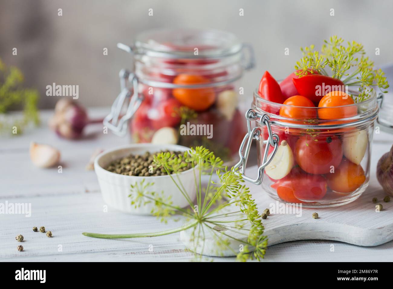 Conserver les tomates fraîches et marinées, les assaisonnements et l'ail sur une table en bois blanc. Aliments fermentés sains. Légumes en conserve à la maison. Banque D'Images