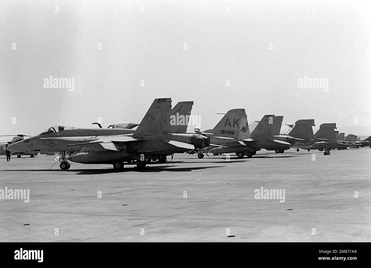 Vue de plusieurs avions F/A-18A Hornet, A-6E Intruder et EA-6B Prowler stationnés sur la ligne de vol. L'avion Carrier Air Wing 13 (CVW-13), basé à bord du porte-avions USS CORAL SEA (CV 43), a été envoyé à Sigonella pour traitement de contrôle de la corrosion. Base: Naval Air Station, Sigonella État: Sicile pays: Italie (ITA) Banque D'Images