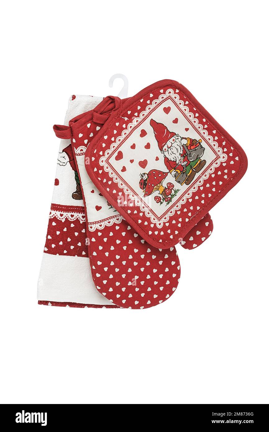 Ensemble de cuisine en tissu avec boîte à pain, gant de four, serviettes, porte-pot pour une idée de cadeau Banque D'Images