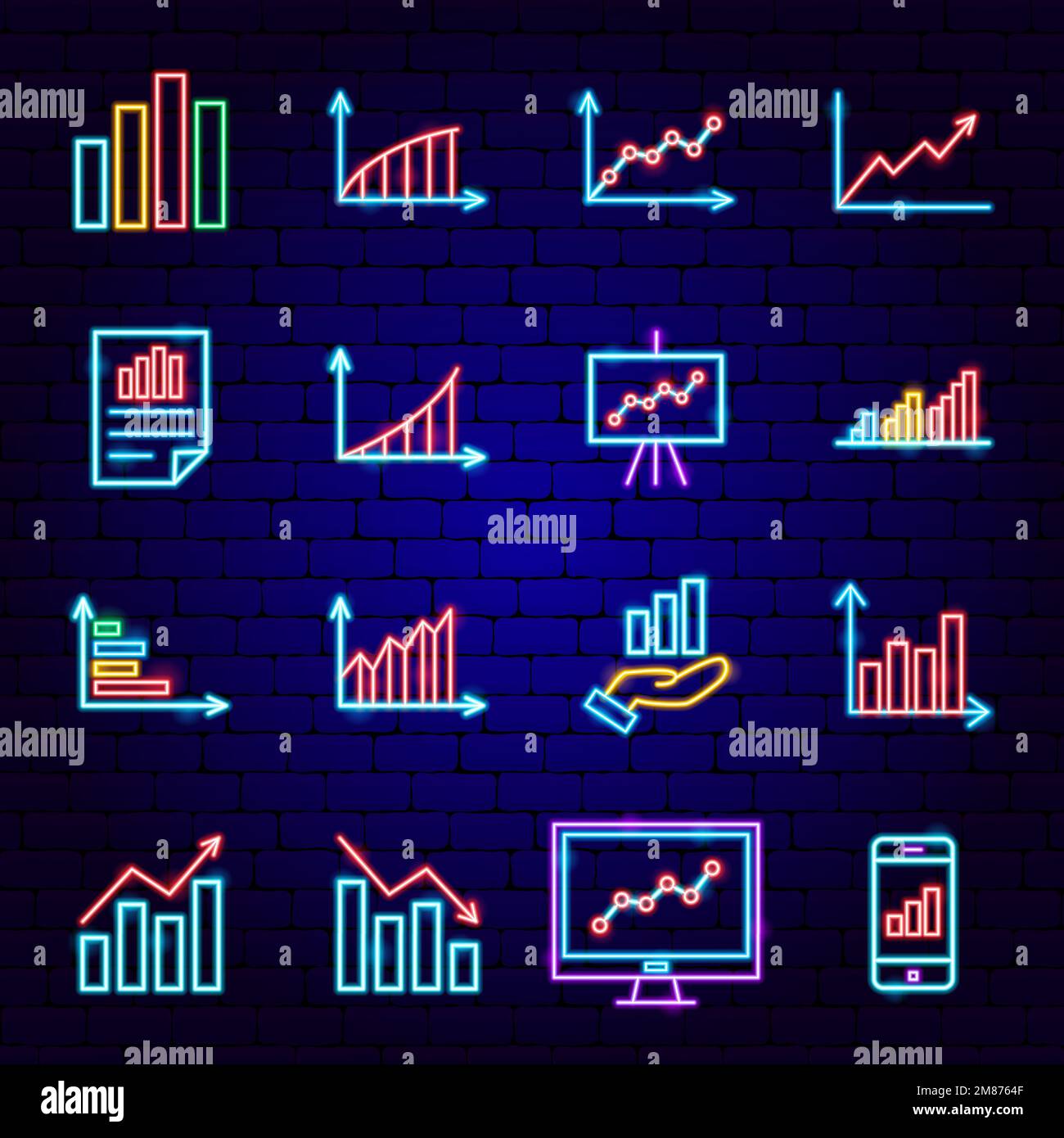 Icônes néon des statistiques graphiques Illustration de Vecteur