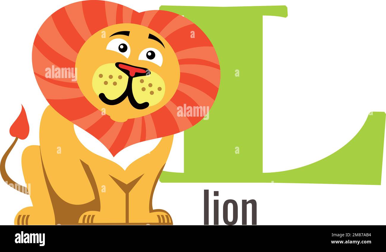L pour lion. Carte alphabétique avec animal de bande dessinée Illustration de Vecteur