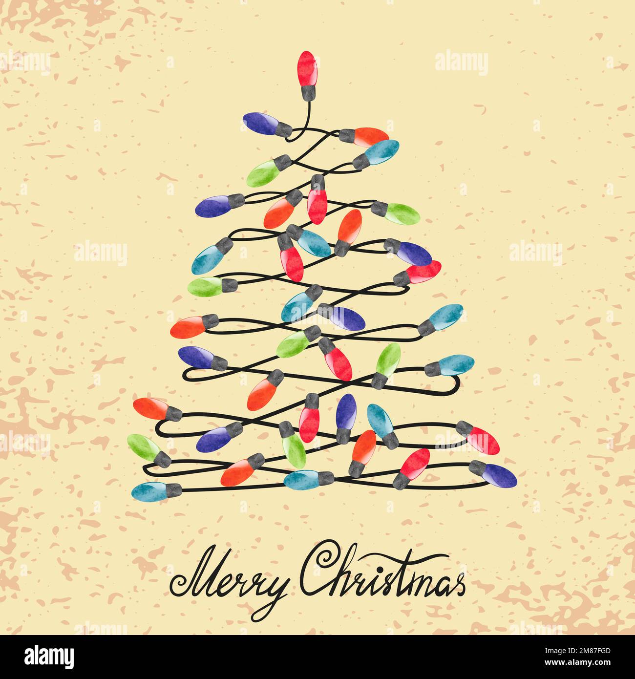 Arbre de Noël en ampoules aquarelle. Carte de voeux vintage à motif joyeux Noël et nouvel an. Illustration vectorielle. Illustration de Vecteur