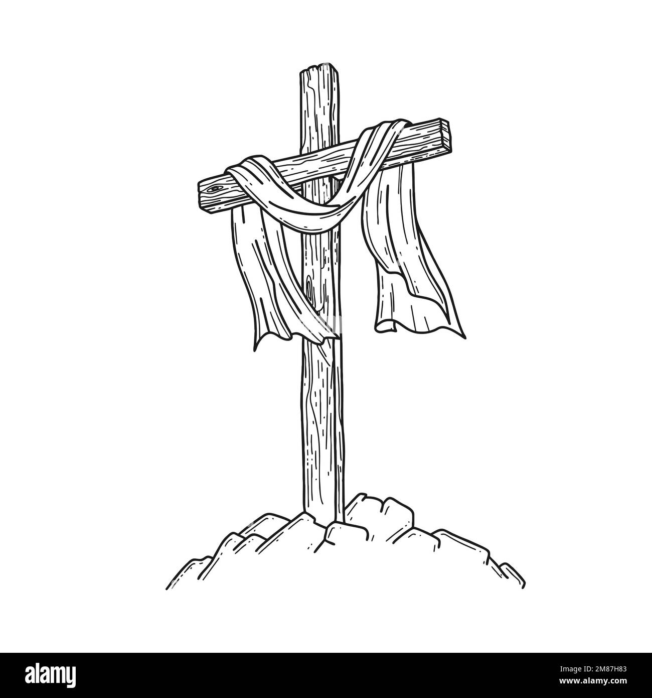 Illustration vectorielle chrétienne dessinée à la main. Croix en bois sur une colline. Un