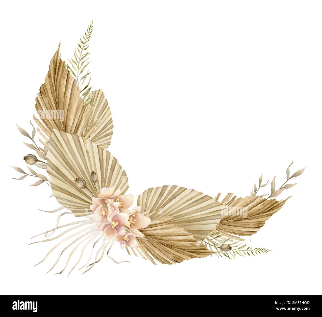 Fleurs tropicales séchées dans le style Boho. Illustration aquarelle dessinée à la main d'un bouquet exotique avec des feuilles de palmier et des orchidées pour des invitations de mariage ou des cartes de vœux sur fond isolé dans des couleurs beige Banque D'Images