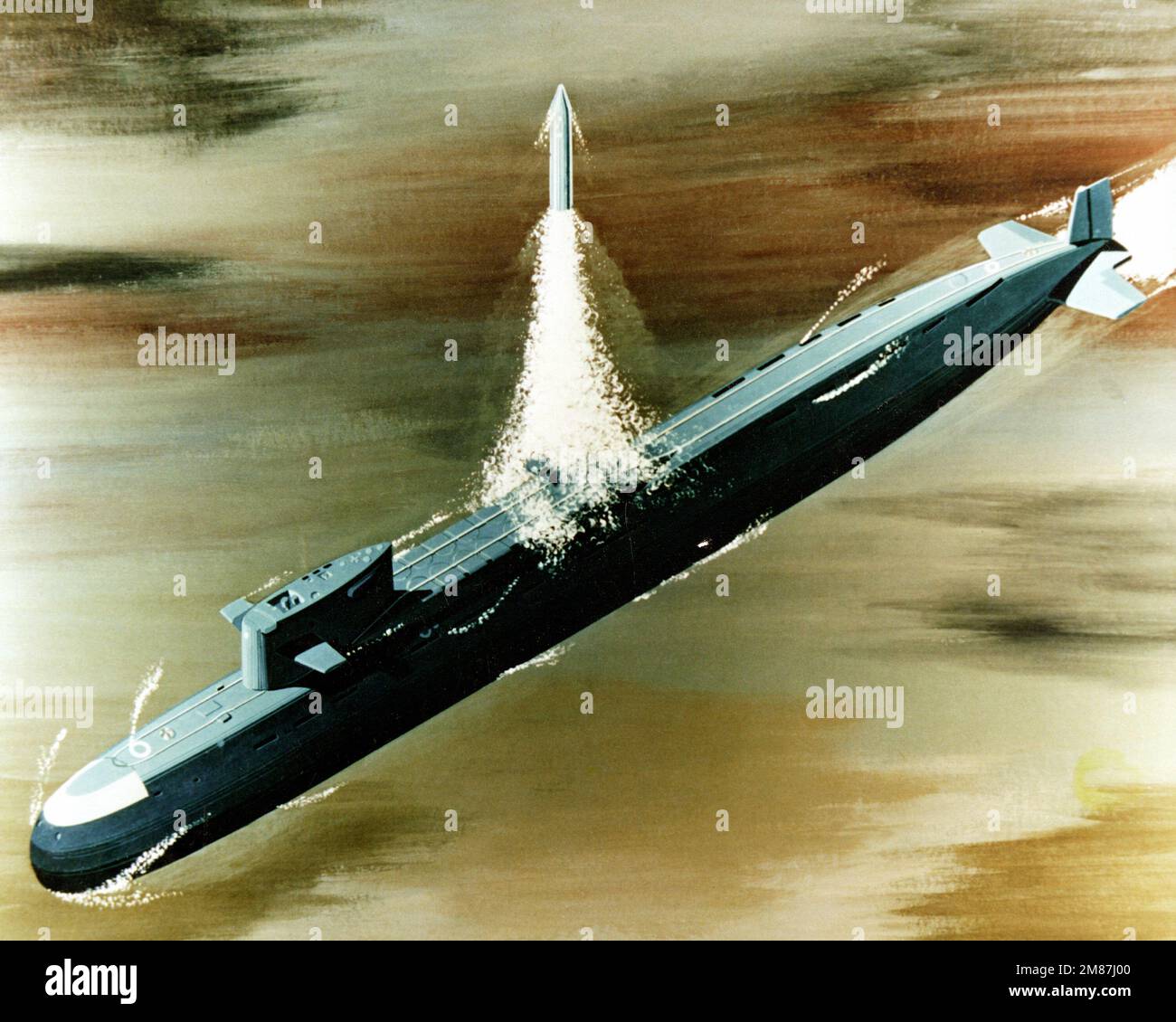 Concept d'artiste d'un sous-marin de missiles balistiques soviétique de classe Yankee lançant un missile alors qu'il était submergé. Pays : inconnu Banque D'Images