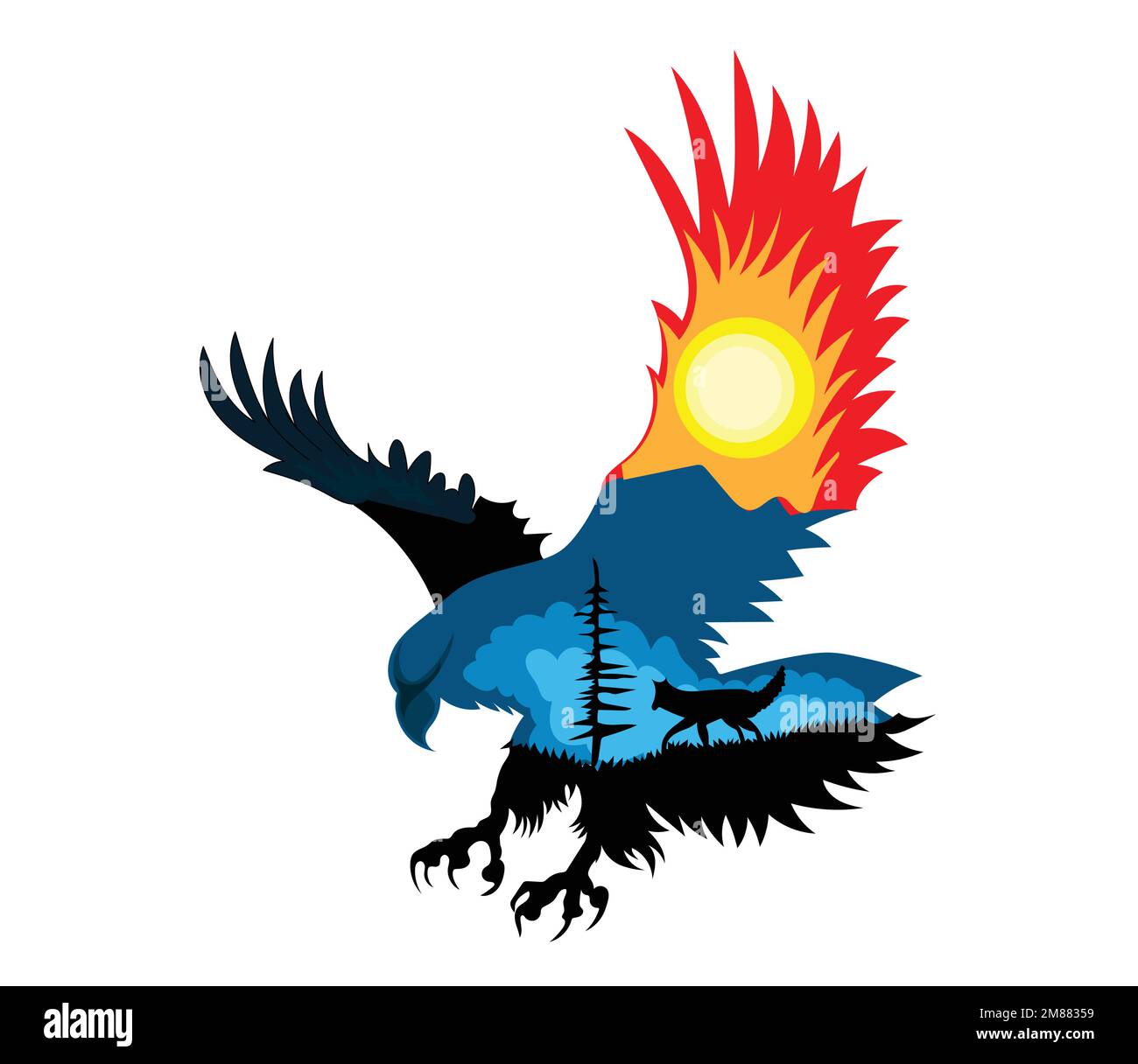 silhouette d'un aigle à tête blanche, à l'intérieur d'un paysage de montagne et d'un loup. illustration vectorielle Illustration de Vecteur