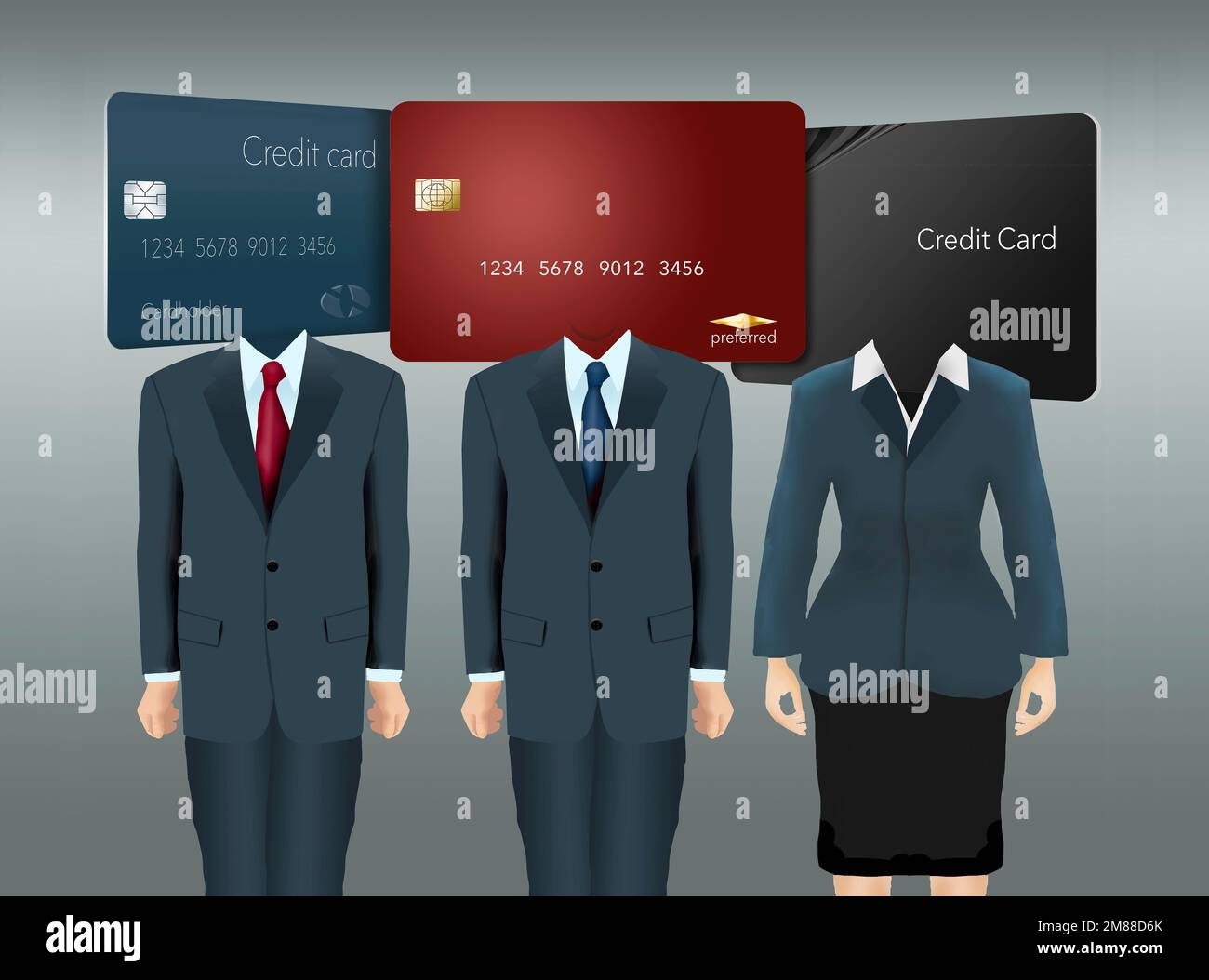 Trois personnes d'affaires avec des cartes de crédit pour les têtes sont côte à côte avec une carte préférée comme pièce maîtresse dans une image sur les affaires. Banque D'Images