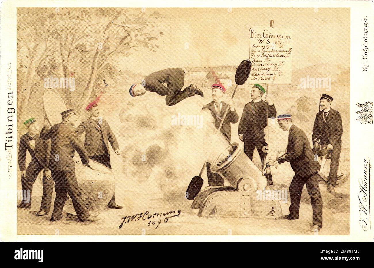 Julius Wilhelm Hornung - photographe allemand connu pour ses portraits, ses montages de blagues et ses cartes postales - Cannon Flight - session d'hiver de la commission de la bière. Banque D'Images