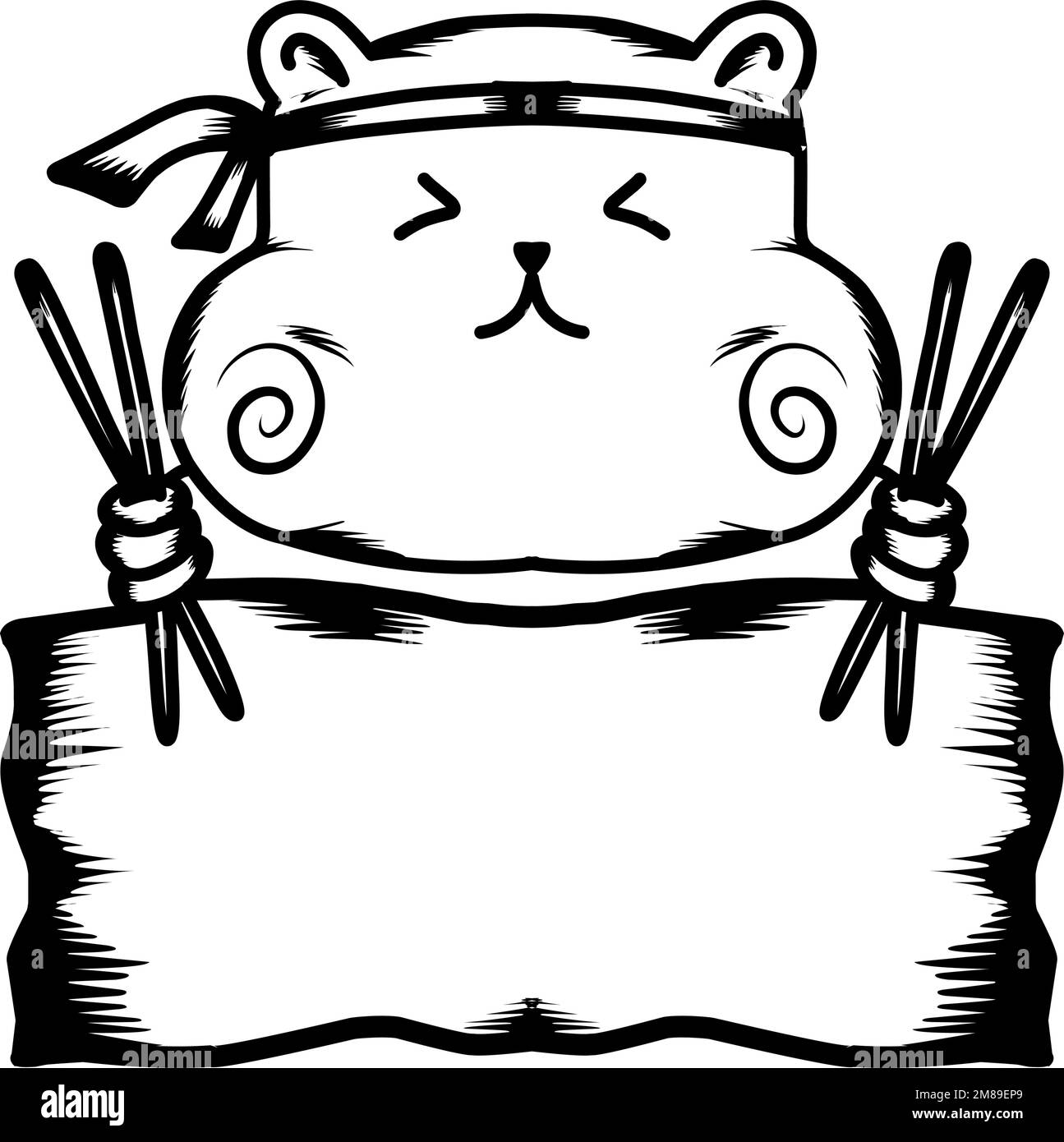 Dessin graphique du panda alimentaire de Chine et baguettes dans le dessin de modèle de logo de chapeau. Vecteur ligne moderne contour plat dessin animé caractère illustration ic Illustration de Vecteur