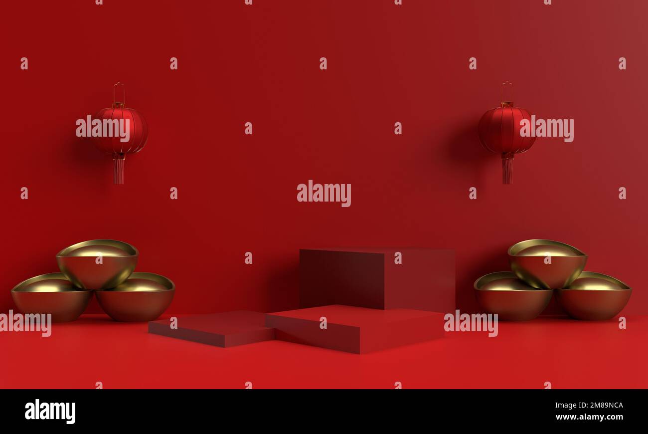 Rouge rose orange couleur podium carré lanterne pièce jaune doré symbole décoration ornement Happy chinois nouvel an 2023 lapin Zodiac culture asiatique luna Banque D'Images
