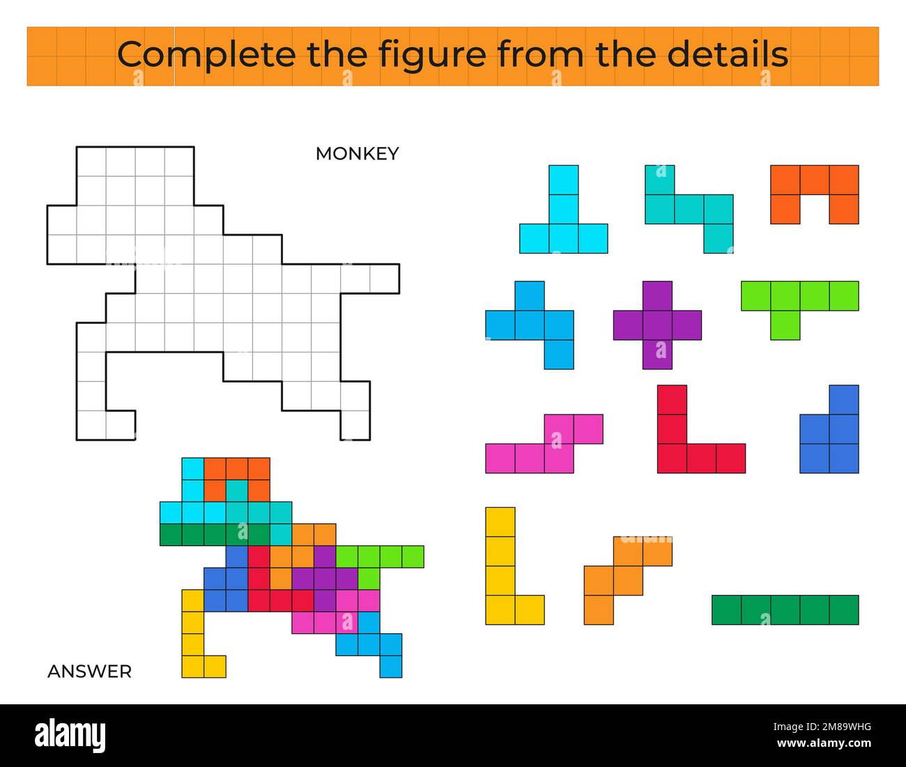 Complétez la figure. Jeu de puzzle avec singe. Illustration de Vecteur