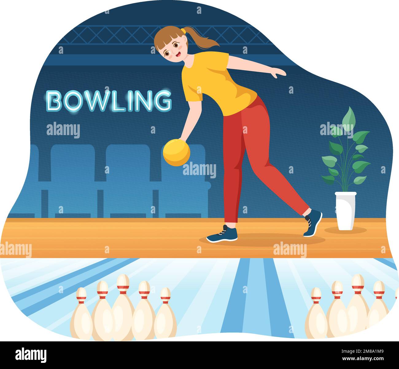 Illustration du jeu de bowling avec des épingles, des balles et des tableaux de bord dans un club de sport pour bannière Web ou page d'arrivée dans des modèles de dessin à la main de dessin animé à plat Illustration de Vecteur