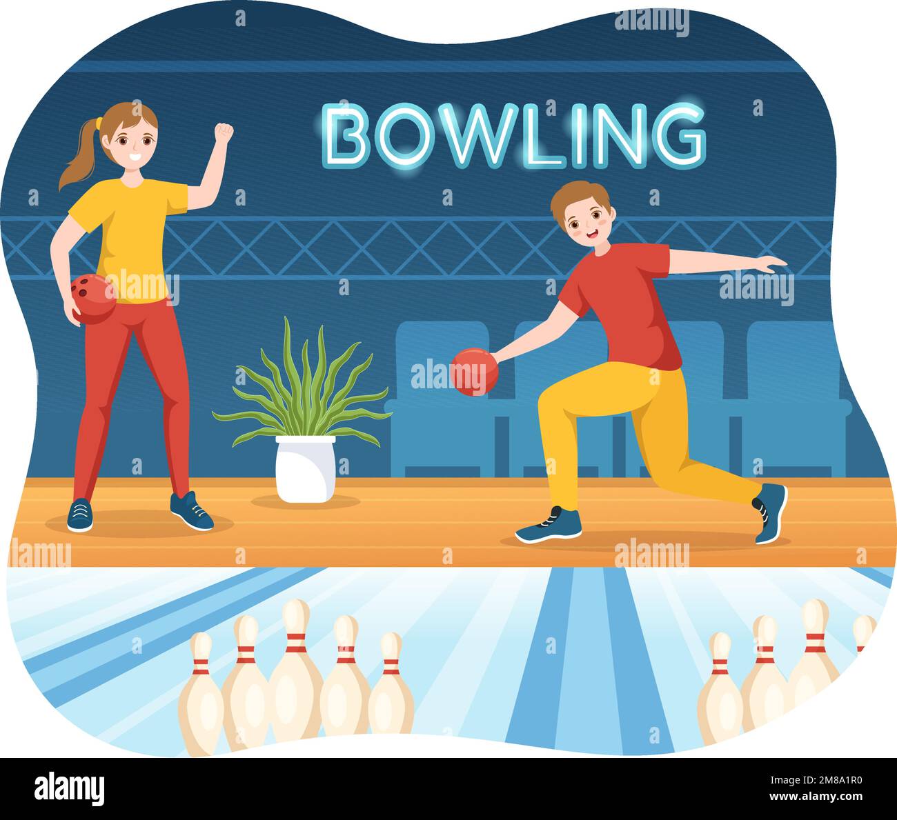 Illustration du jeu de bowling avec des épingles, des balles et des tableaux de bord dans un club de sport pour bannière Web ou page d'arrivée dans des modèles de dessin à la main de dessin animé à plat Illustration de Vecteur