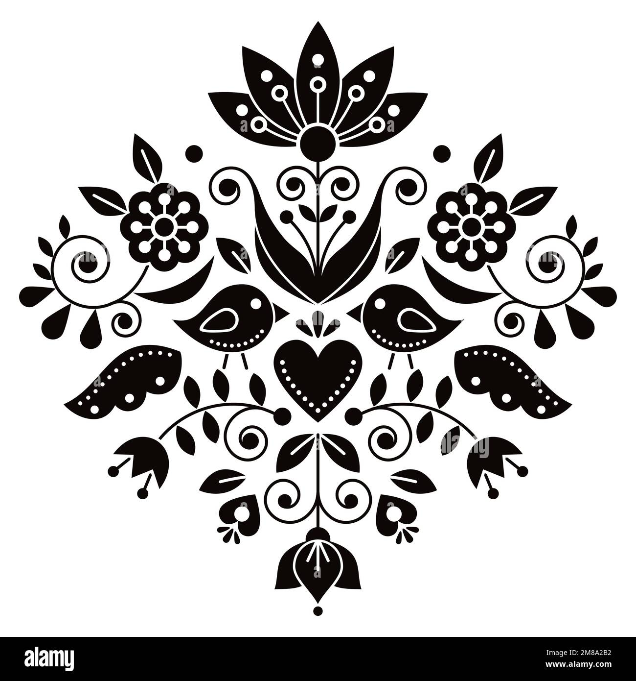 Dessin vectoriel d'art folklorique traditionnel scandianvien avec fleurs et oiseaux, inspiré par les motifs de broderie traditionnels de Suède en noir et blanc Illustration de Vecteur