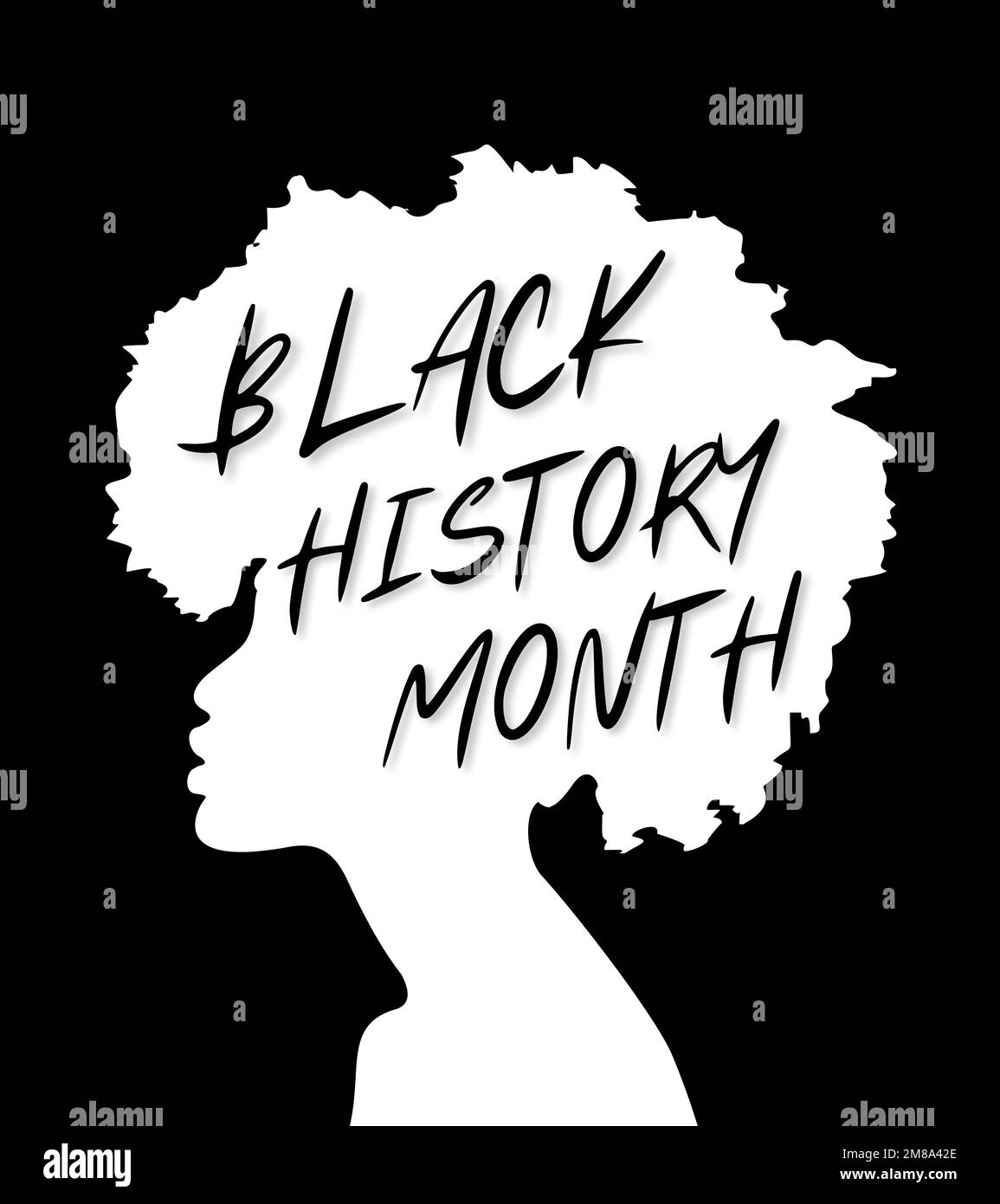 Affiche du mois de l'histoire des Noirs, bannière, carte, publication sur les réseaux sociaux. Design silhouette noire afro cheveux femme. Banque D'Images