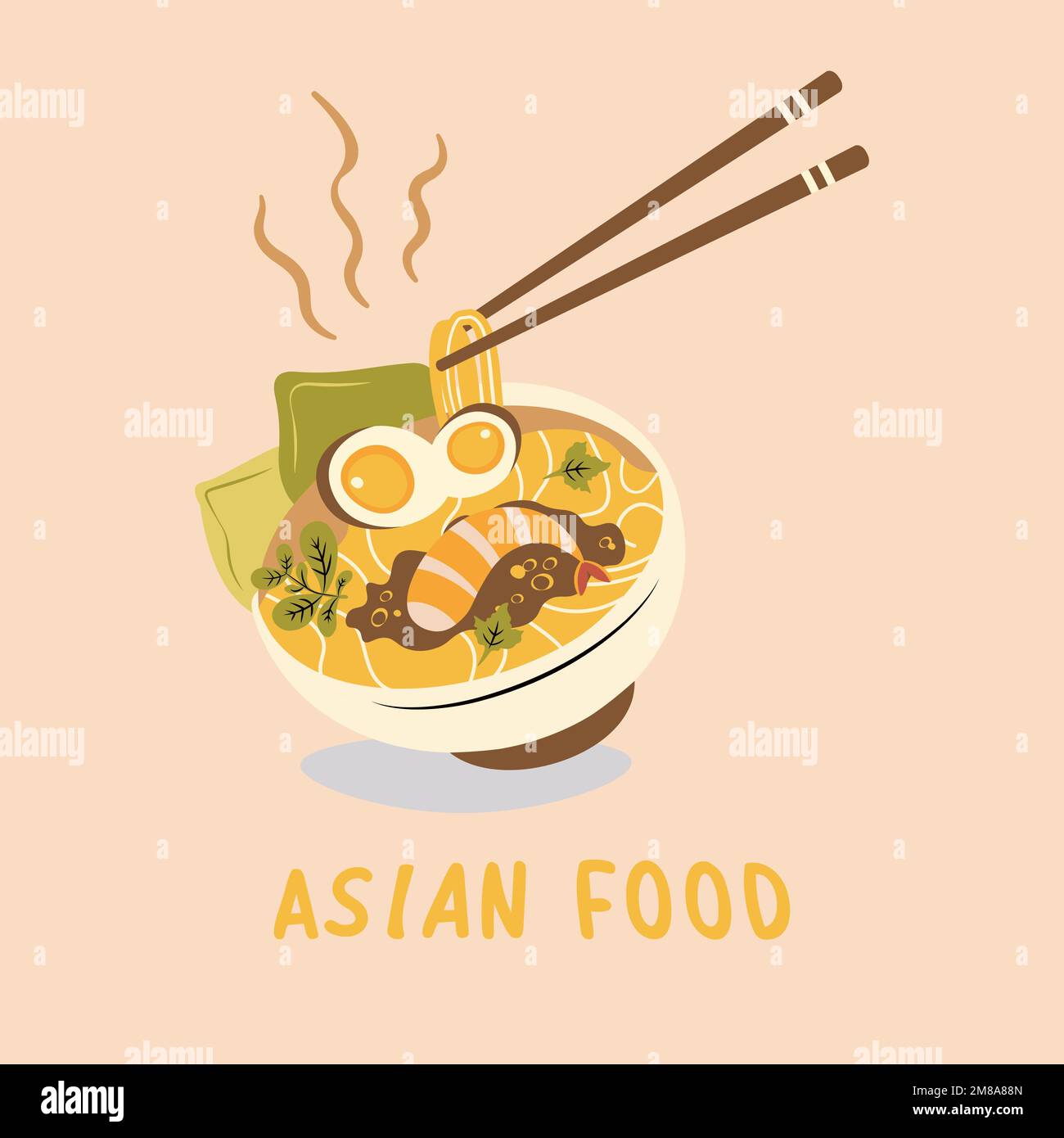 nouilles alimentaires asiatiques avec crevettes et œufs vecteur Illustration de Vecteur