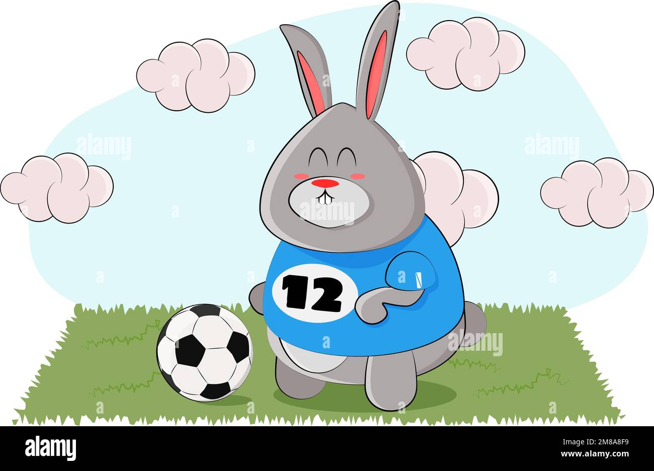 Un adorable lapin a pris le ballon et est venu dans la prairie pour jouer au football Illustration de Vecteur