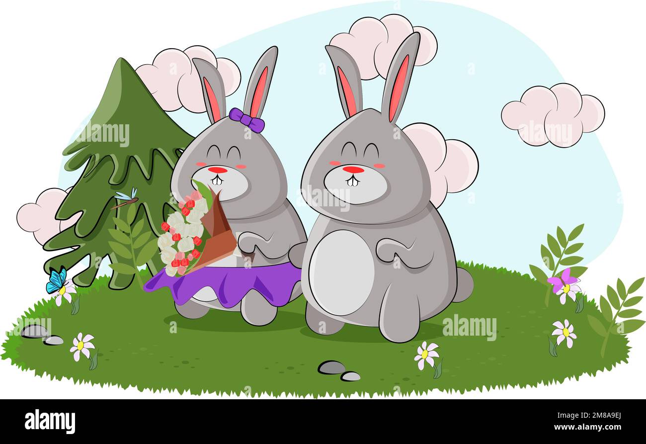 Deux petits lapins mignons se sont rencontrés et sont allés à une date Illustration de Vecteur