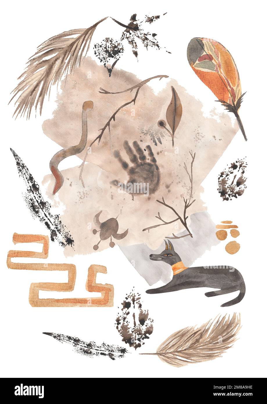 Affiche Tribal ancienne Clipart, aquarelle moderne abstraite Illustration, peintures murales d'Egypte ethnique, affiche mystique égyptienne dans les couleurs beige Banque D'Images