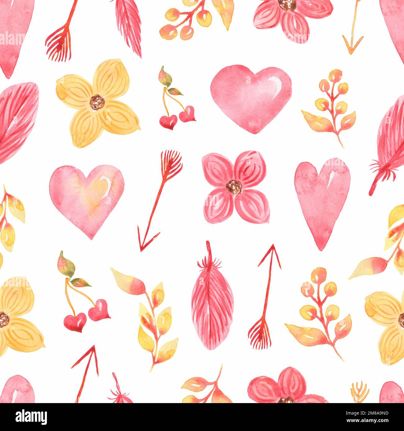 Saint-Valentin motif sans couture, aquarelle fleurs mignons, coeurs, papier flèches, motif d'impression, papier scrapbook Banque D'Images
