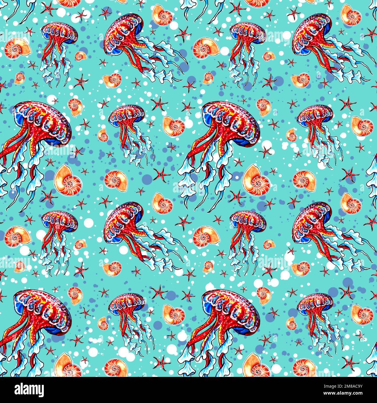 Motif mer sans couture avec méduses, étoiles de mer, coquillages et splashell.illustration JPEG. Modèle de conception, pour les autocollants, la création de motifs, le papier peint. Banque D'Images