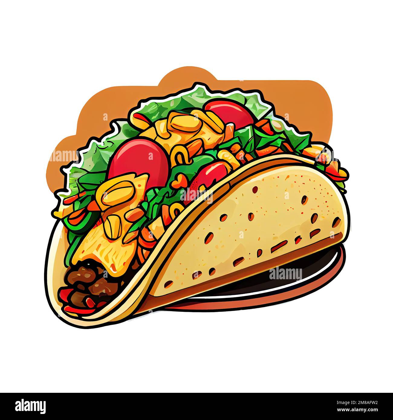 Tacos plat mexicain d'une tortilla remplie de viandes, de légumes et de garnitures. L'autocollant de dessin animé montre une plaque de tacos avec différentes garnitures et Photo Stock - Alamy Tacos plat mexicain d'une tortilla remplie de viandes, de légumes et de garnitures. L'autocollant de dessin animé montre une plaque de tacos avec différentes garnitures et Photo Stock - Alamy