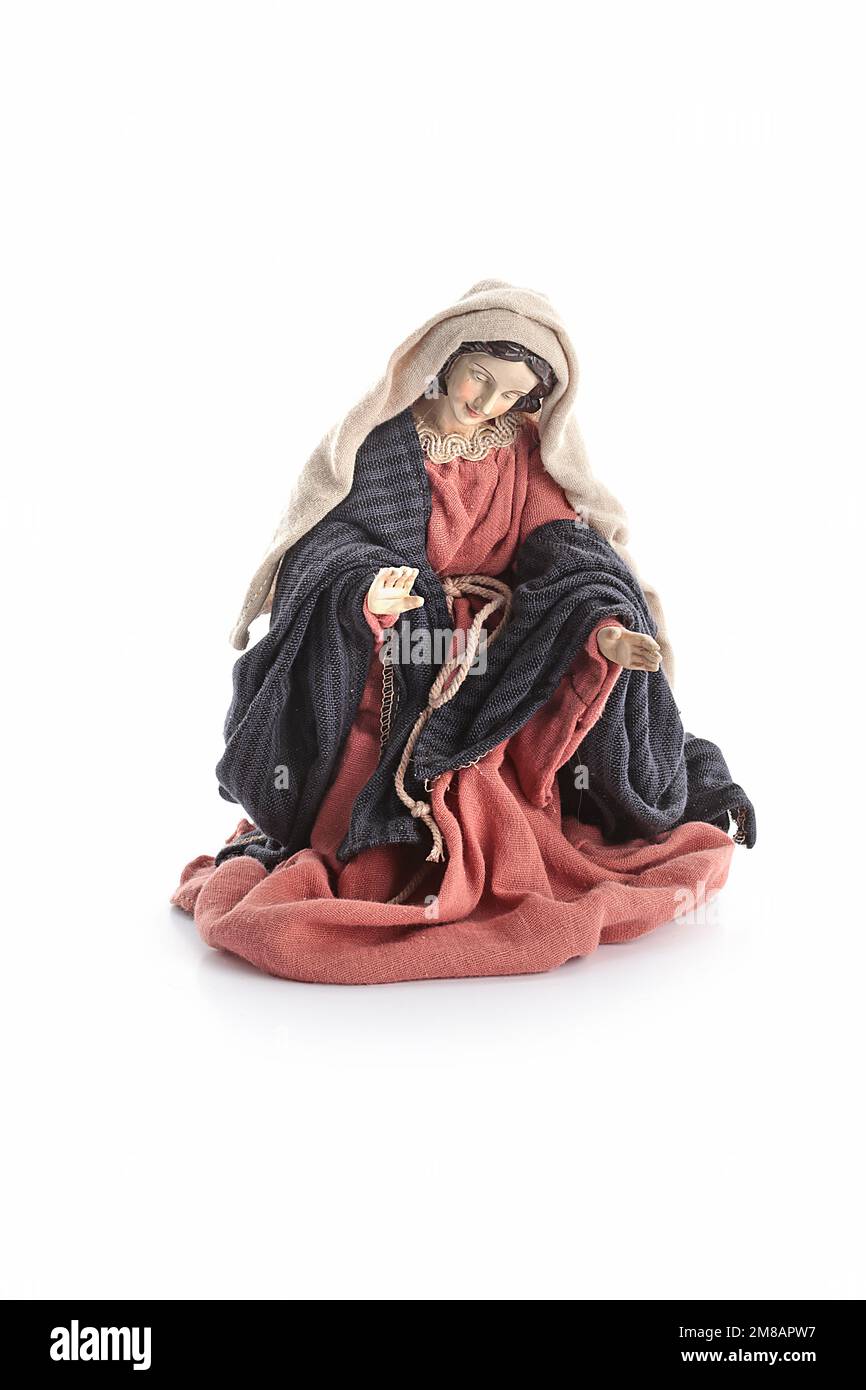 Ensemble de la scène de la nativité de Noël et figurines d'ange isolées sur fond blanc Banque D'Images