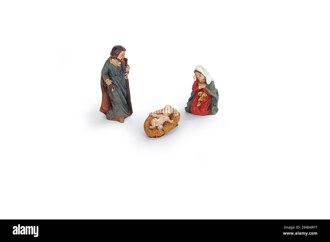 Ensemble de la scène de la nativité de Noël et figurines d'ange isolées sur fond blanc Banque D'Images