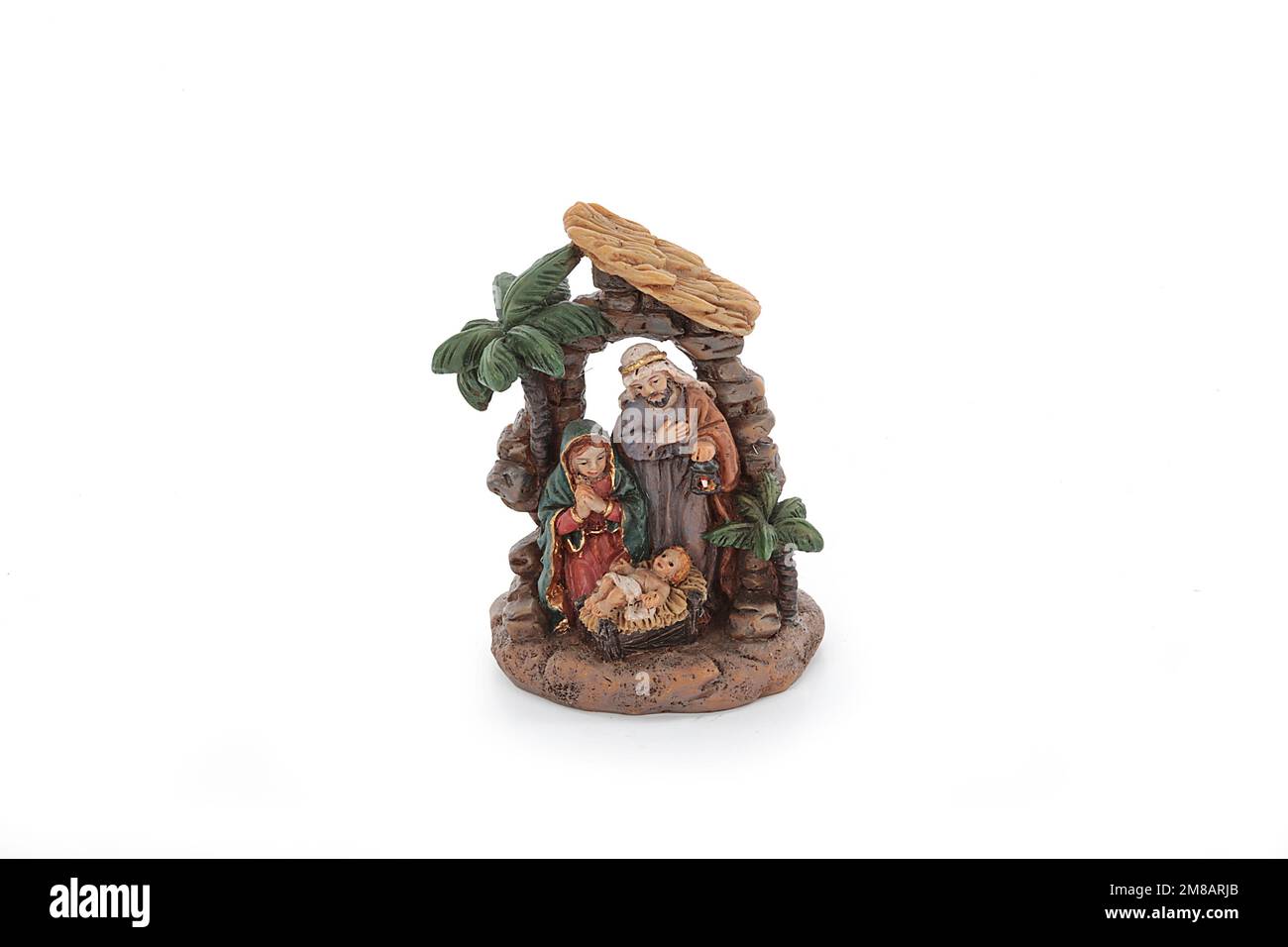 Ensemble de la scène de la nativité de Noël et figurines d'ange isolées sur fond blanc Banque D'Images