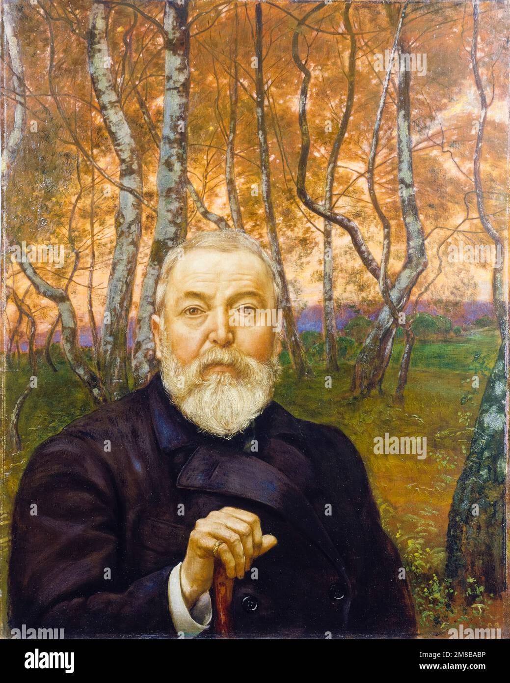 Hans Thoma (1839-1924), autoportrait devant une forêt de bouleau, peinture à l'huile sur toile, 1899 Banque D'Images