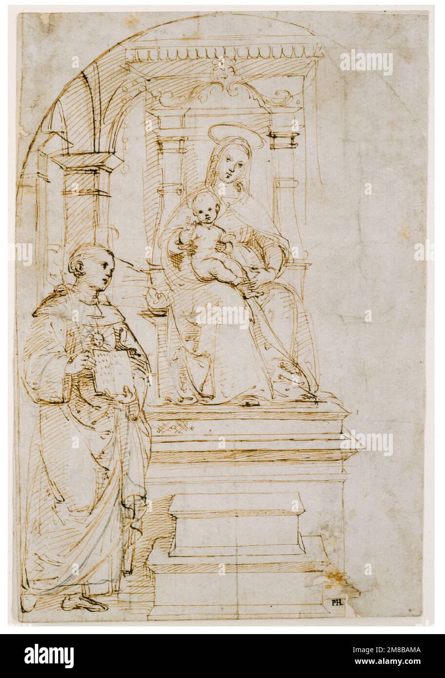 Raphael (Raffaello Sanzio de Urbino), esquisse pour une Vierge et un enfant entronés avec Saint Nicolas de Tolentino, dessin au stylo et à l'encre avec le point de passage, 1502-1504 Banque D'Images