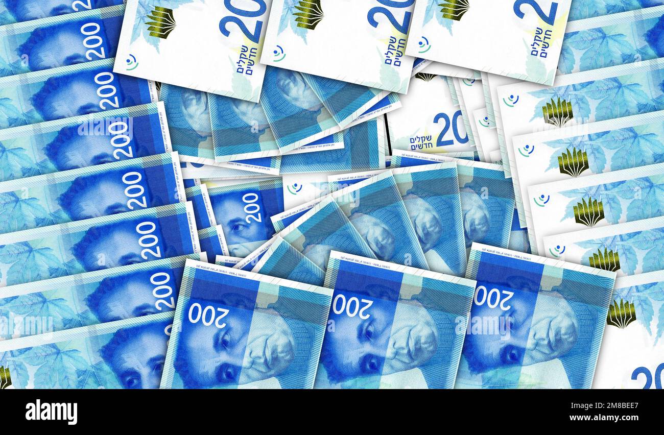 Les billets israéliens sont imprimés en mosaïque de fans d'argent. Israël 200 notes NIS. Résumé concept de banque, finance, économie conception décorative contexte 3 Banque D'Images