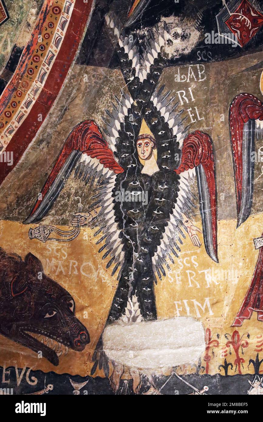 Ange sur une fresque médiévale, Barcelone. Du Musée national d'Art de Catalogne. Banque D'Images