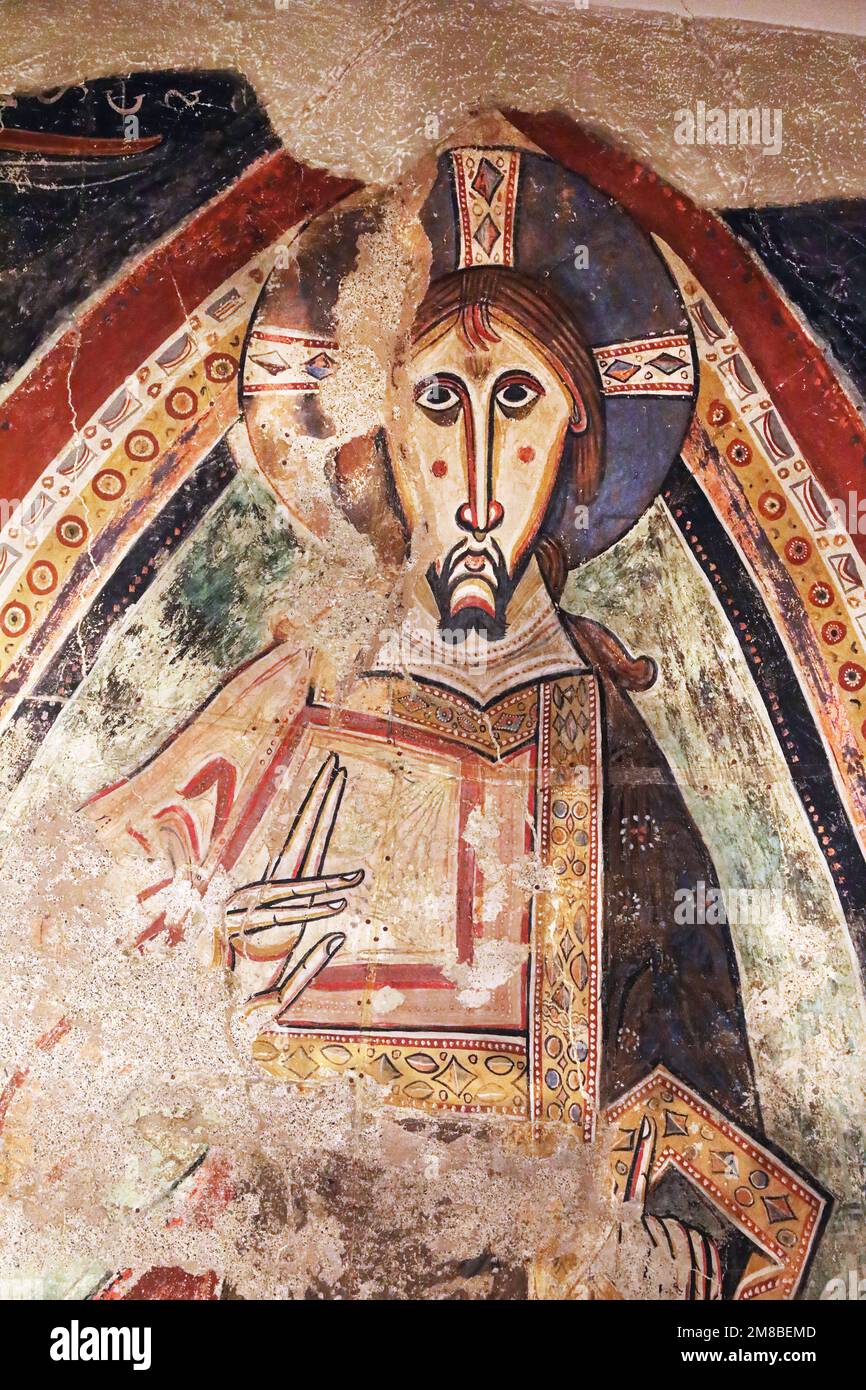 Proche uo du Christ Pantocrator dans une fresque médiévale, Barcelone. Du Musée national d'Art de Catalogne. Banque D'Images