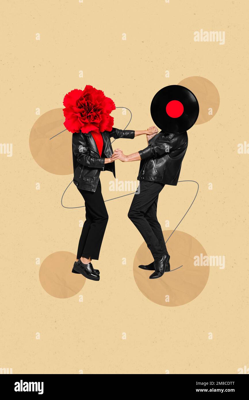Collage photo de couple danse porter noir cuir vintage ensembles vestes sans tête rouge fleur rétro vinyle plaque isolée sur fond beige couleur Banque D'Images