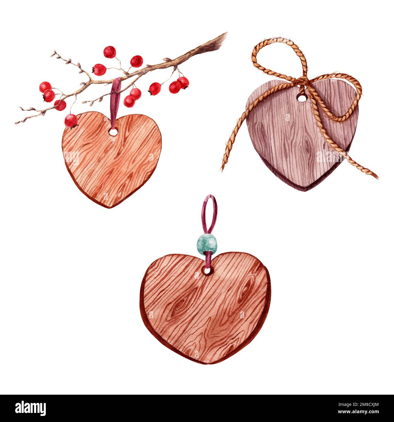 Ensemble de coeurs avec illustration d'aquarelle à texture bois Banque D'Images