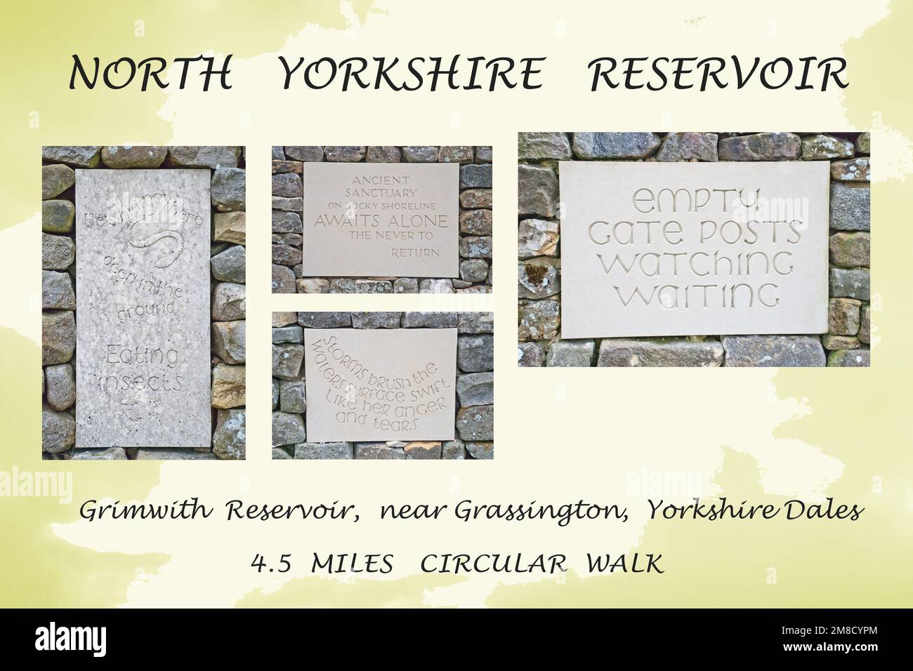 Des mots gravés en pierre se trouvent lors d'une promenade circulaire autour du réservoir de Grimwith, près de Grassington dans le North Yorkshire (parc national de Yorkshire Dales). Banque D'Images
