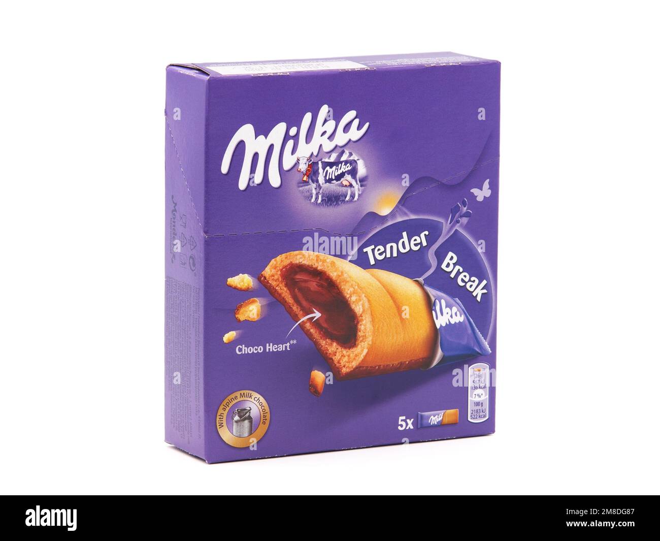 BUCAREST, ROUMANIE - 20 DÉCEMBRE 2019. Lot de Milka tendre Break, barres croustillantes remplies de crème au chocolat, isolées sur blanc Banque D'Images